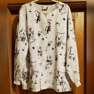 Dr. Seuss Cat in the Hat White Long Sleeve Shirt Scrub Top Jacket